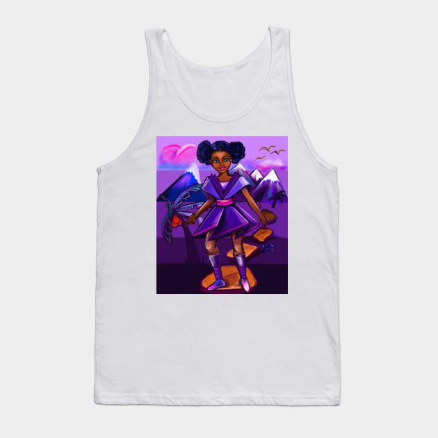 Anime girl with two puffs. Black afro anime girl in purple space fantasy scene ! beautiful  black girl with Braided hair, blue eyes, Cherry pink lips and dark brown skin. Hair love ! Tank Top by Artonmytee